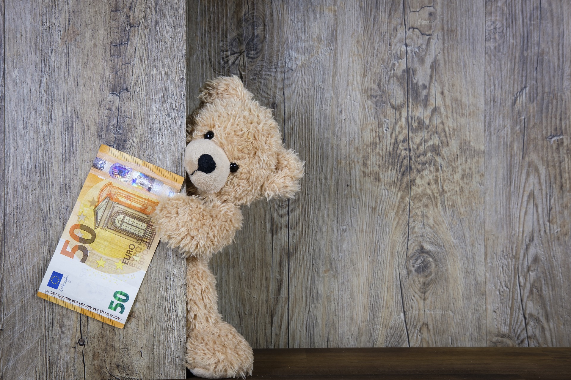 Na obrázku je plyšový medvídek držící papírovou bankovku