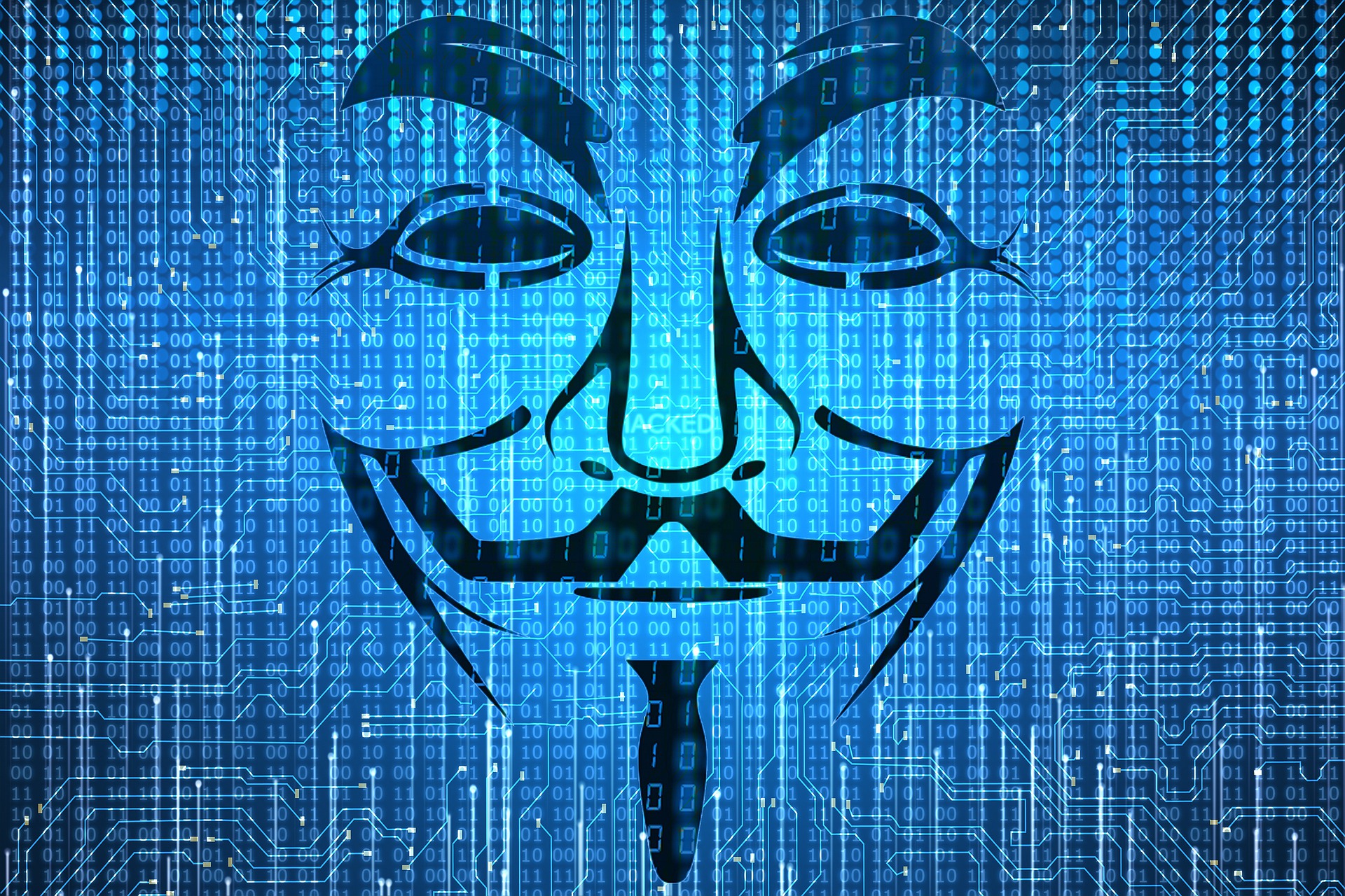 Na obrázku je mezi nulami a jedničkami obrys masky skupiny Anonymous