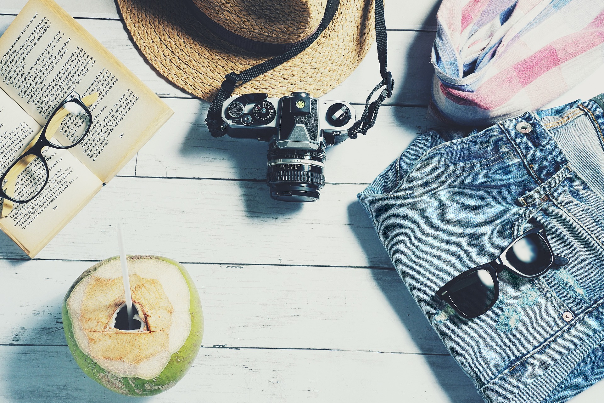 Na obrázku jsou věci na dovolené - oblečení, knížka, brýle, foťák a kokosový ořech s brčkem