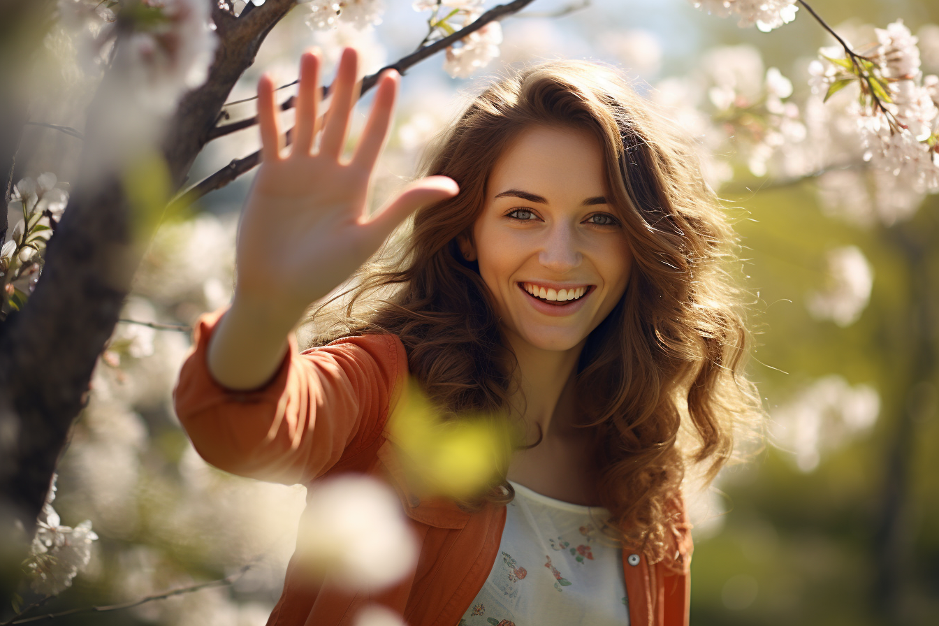 Na obrázku je žena v sadu rozkvetlých stromů